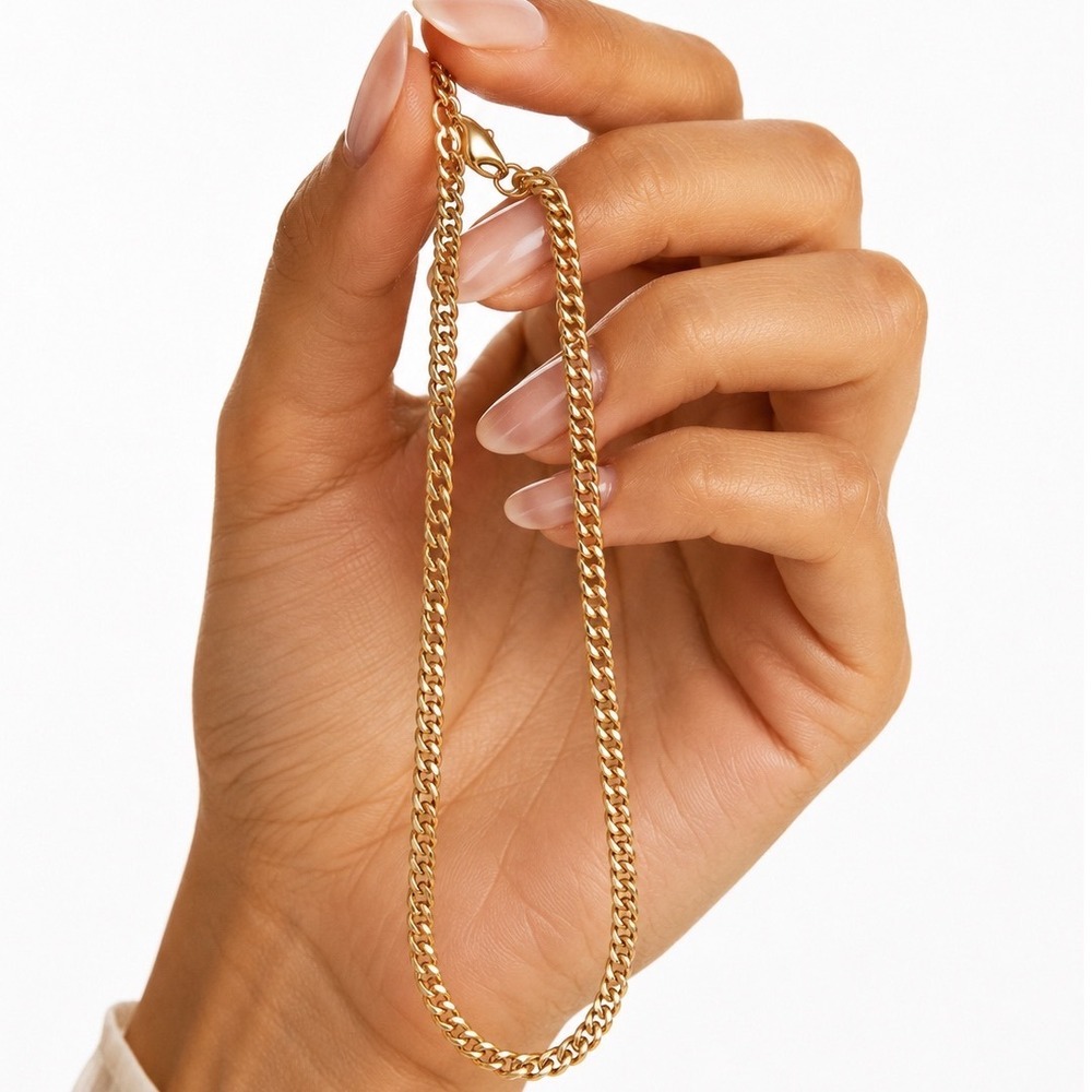 Gold Tone Curb Chain Necklace Flat Link 18 Inch Lobster Clasp Minimalist Women